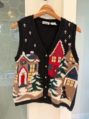 Capacity Holiday Sweater Vest Winter Village Scene Petite Medium
